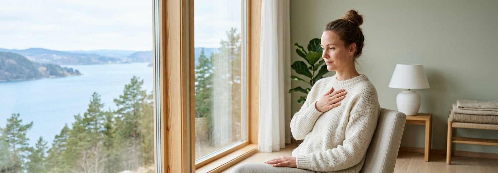 Person i lugn nordisk miljo som reflekterar over sina kanslor och kroppssignaler