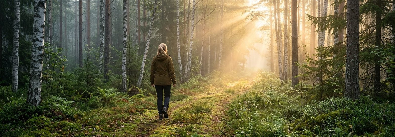 Person som gar langs en lugn nordisk stig mot ljuset som symbol for att overvinna angest
