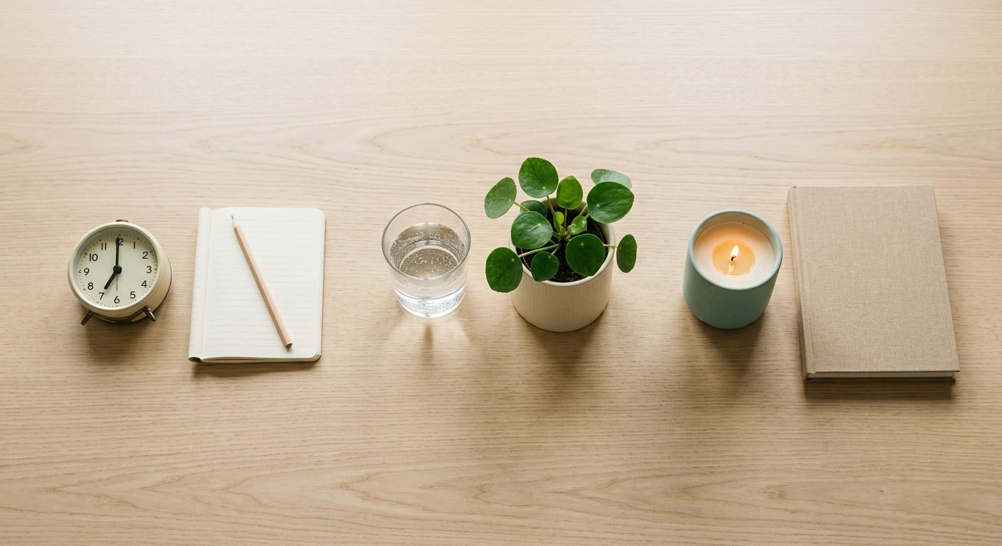 Illustration av daglig rutin mot ångest — morgon, middag och kväll med KBT-övningar