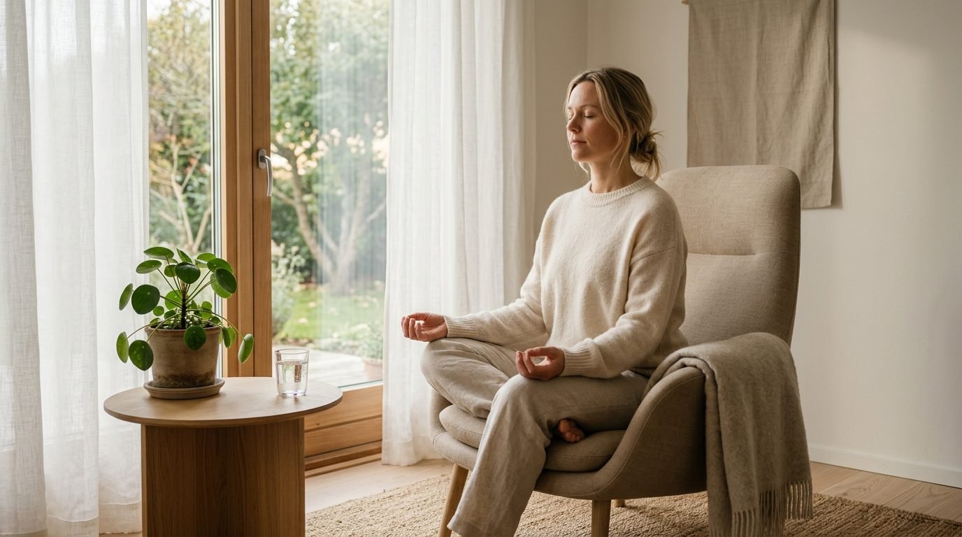 Person använder andningsteknik för att dämpa ångest — lugn och fokuserad miljö