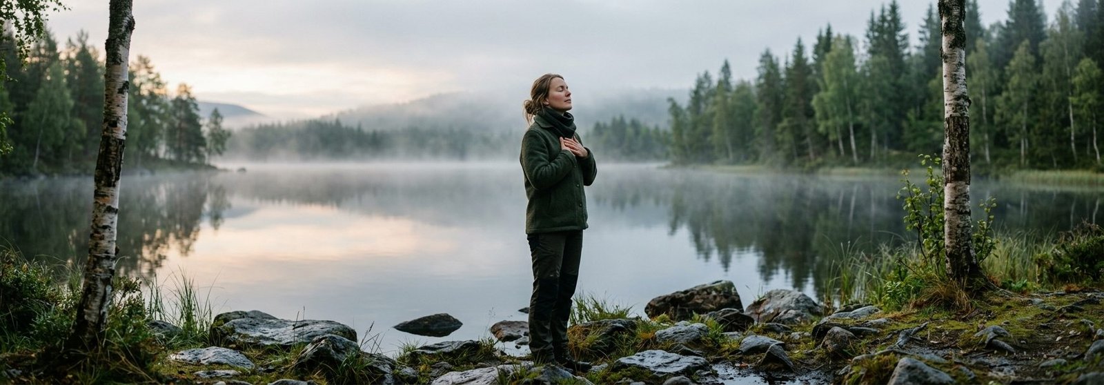 Person som andas lugnt i en stilla nordisk miljo for att hantera akut angest