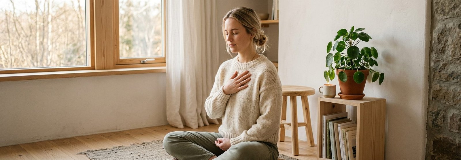 Lugn illustration av en person som lagger handen pa brostet och reflekterar over kroppens signaler