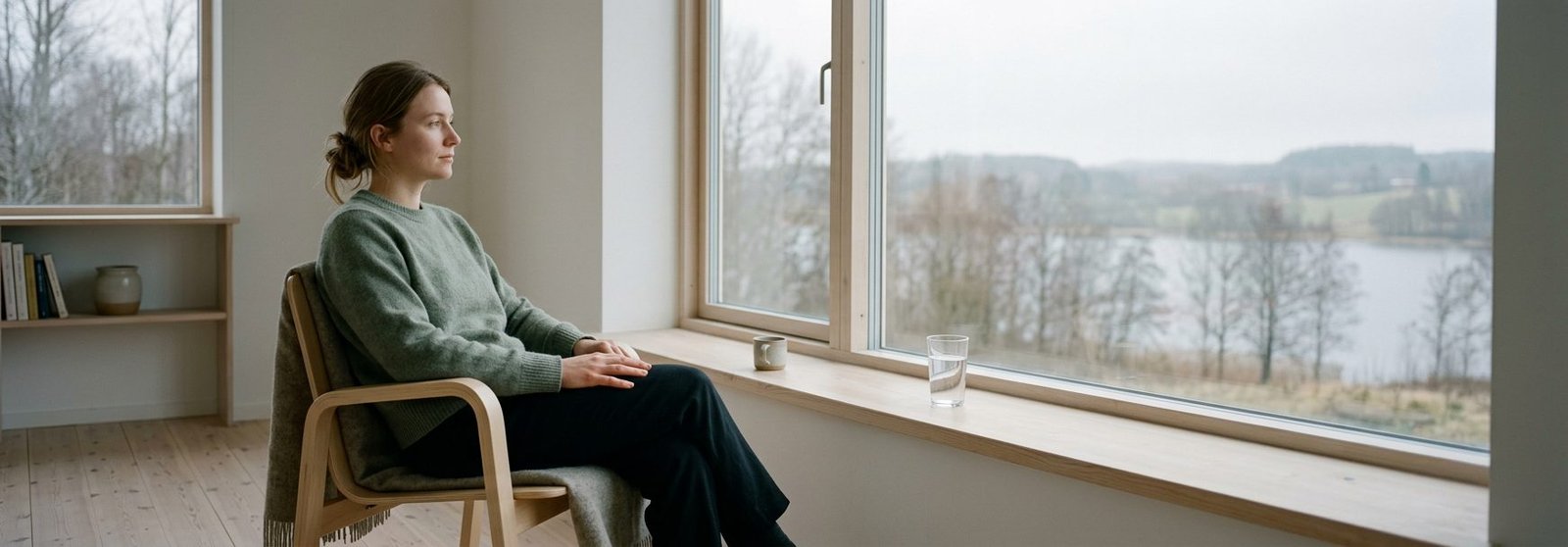 Person sitter vid ett fönster i lugn nordisk miljö och hanterar sin ångest med mindfulness och reflektion