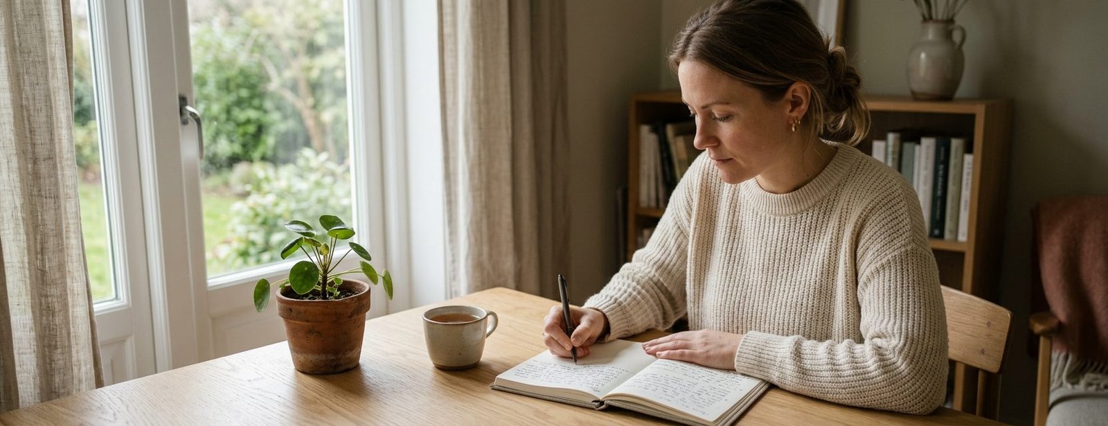 Person arbetar med KBT övningar mot ångest vid ett skrivbord med anteckningsblock och penna
