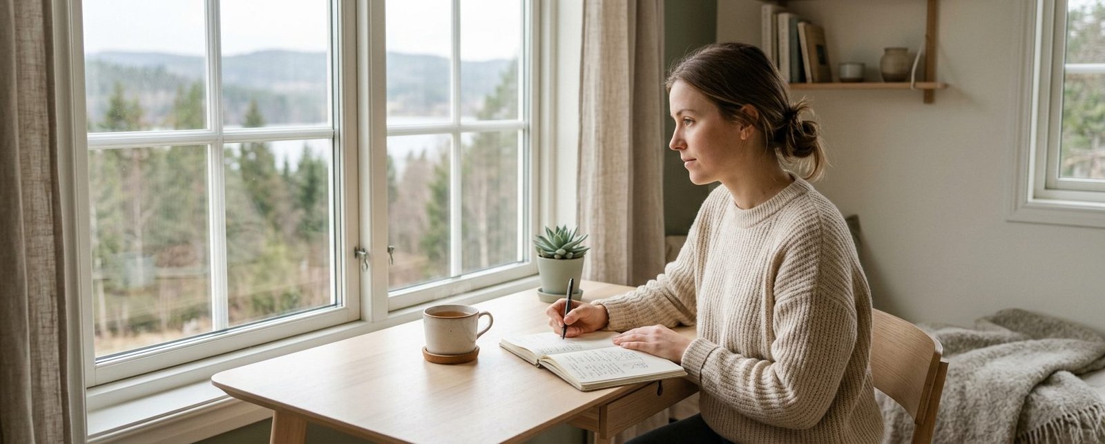 Person gor KBT ovningar hemma vid skrivbord med anteckningsbok och kopp te