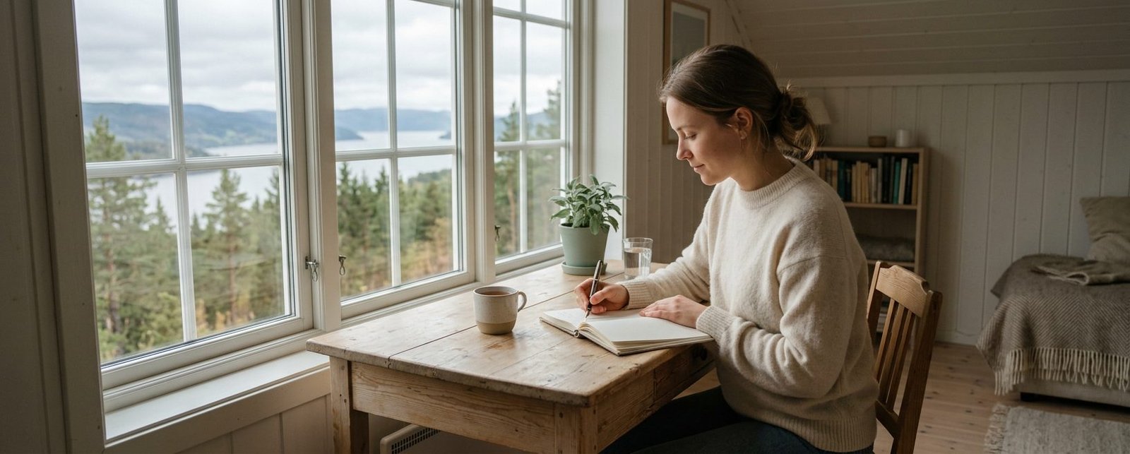 Person sitter vid fönster med anteckningsbok och arbetar med sina tankar och självkänsla