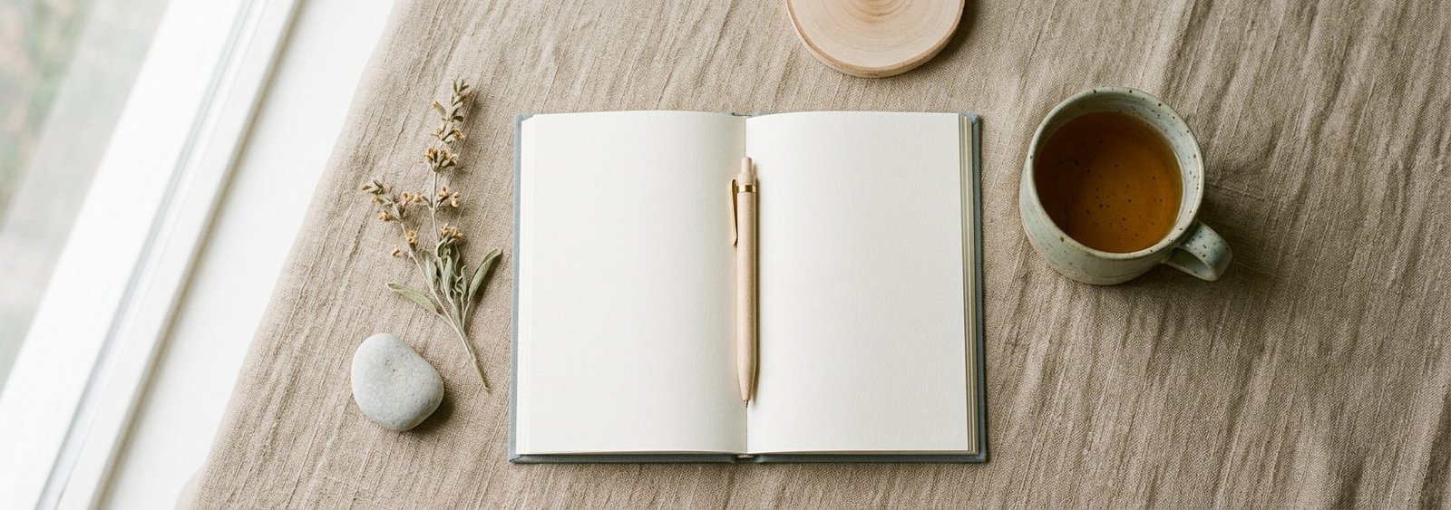 Oppet anteckningsblock med reflektioner pa ett ljust nordiskt bord med en kopp te