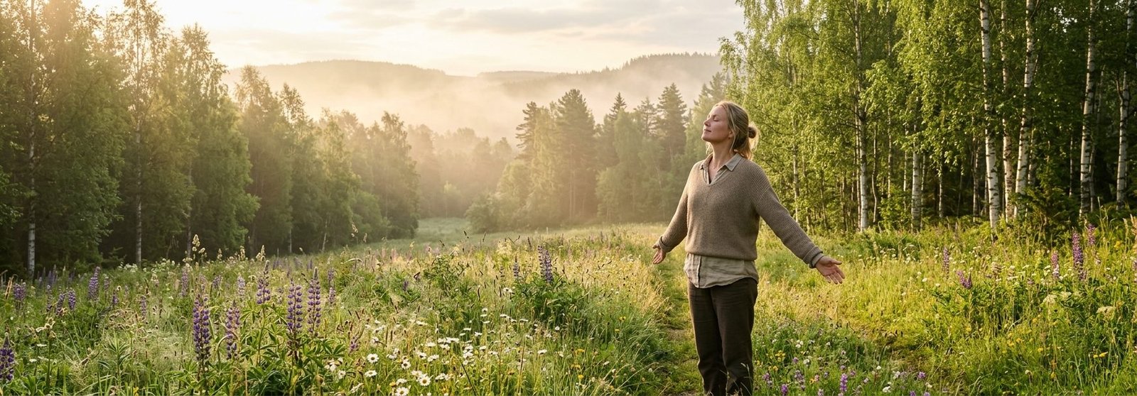 Person i en lugn naturmiljo som tar djupa andetag for att lindra angest naturligt