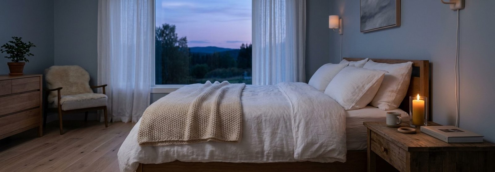 Stillsamt nordiskt sovrum i skymningsljus med mjuka texturer som formedlar lugn