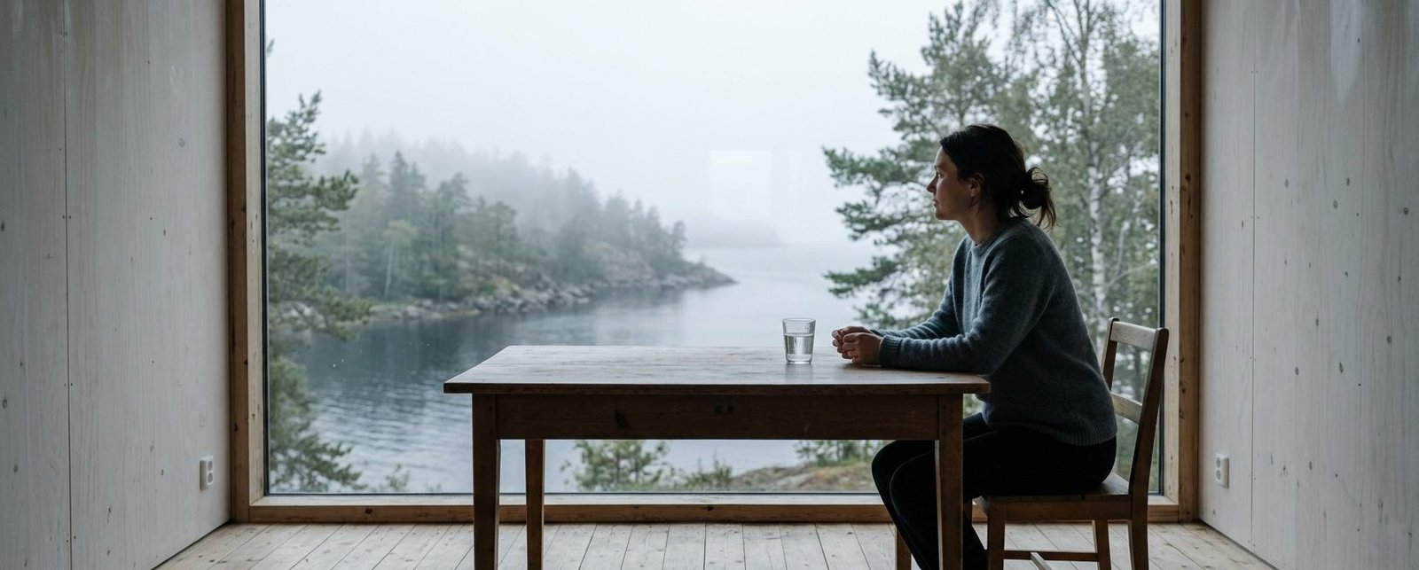 Person sitter ensam vid ett bord och stirrar ut i tomma luften med tankfulla och oroliga tankar