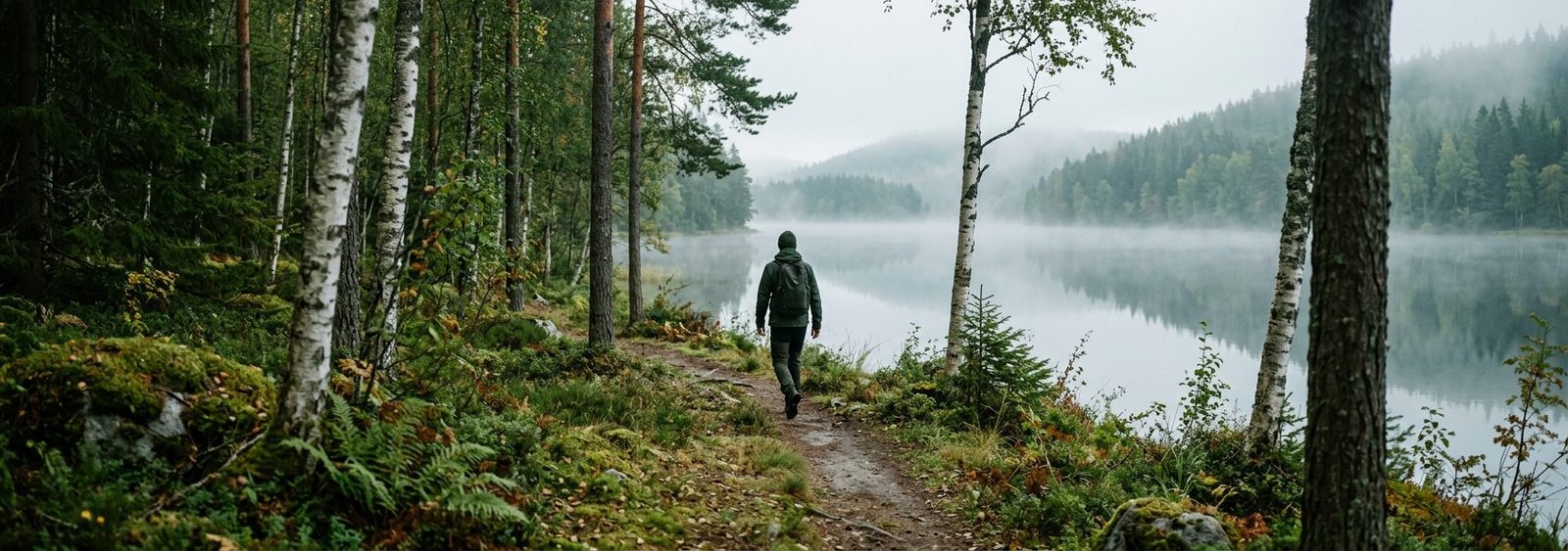 Person gar en ensam promenad i nordisk natur som ett satt att bryta altande och grubbel