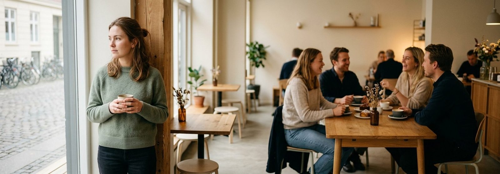 Person som star i utkanten av en social situation och reflekterar over sin angest