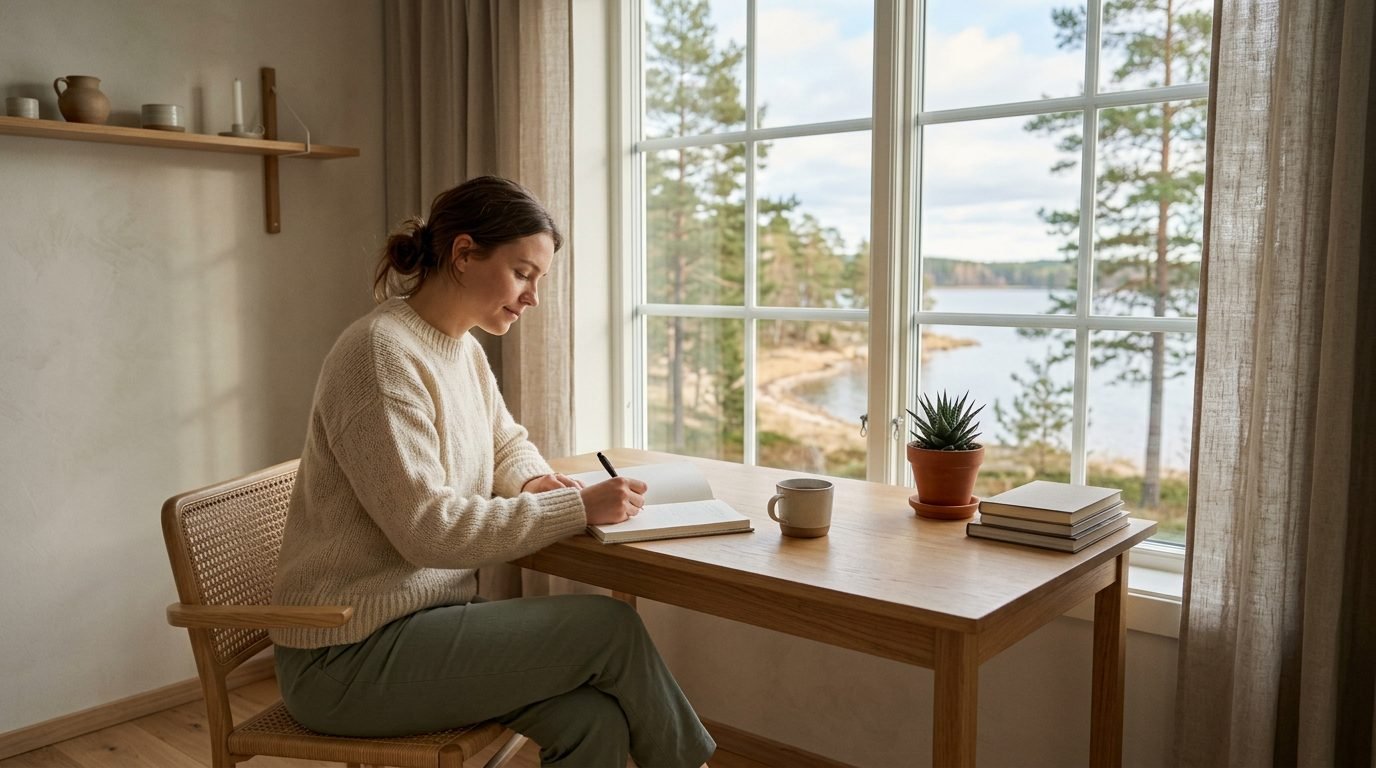 Person skriver i dagbok vid fönster med morgonljus — hantera ständig ångest med daglig rutin