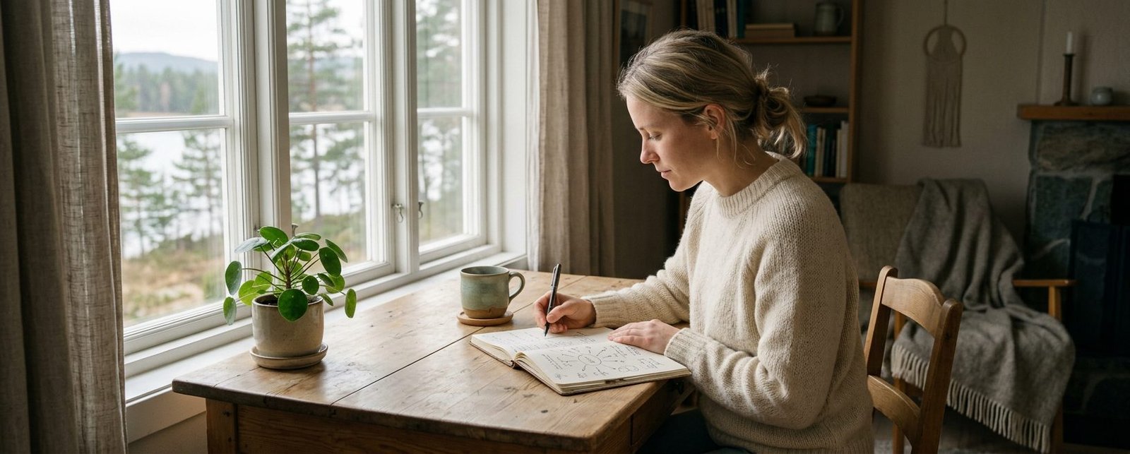 Person identifierar tankefallor i dagbok med KBT-metod for att bryta negativt tankande