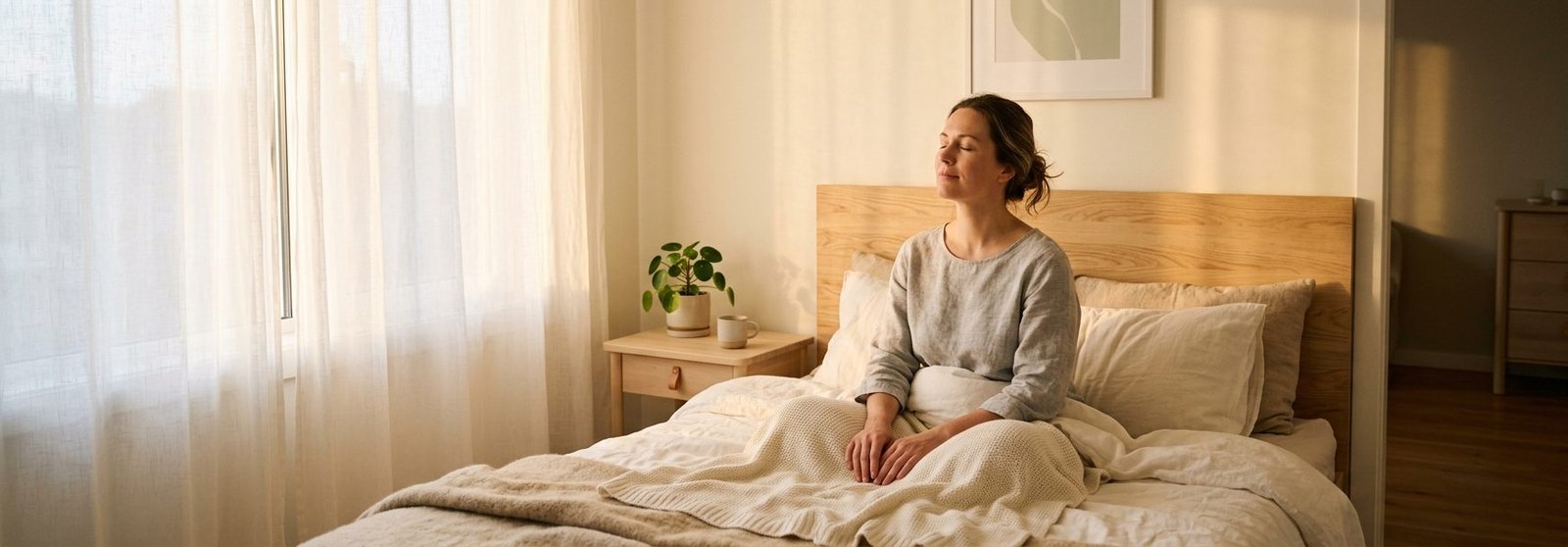 Person som vaknar lugnt i mjukt morgonljus i ett nordiskt sovrum