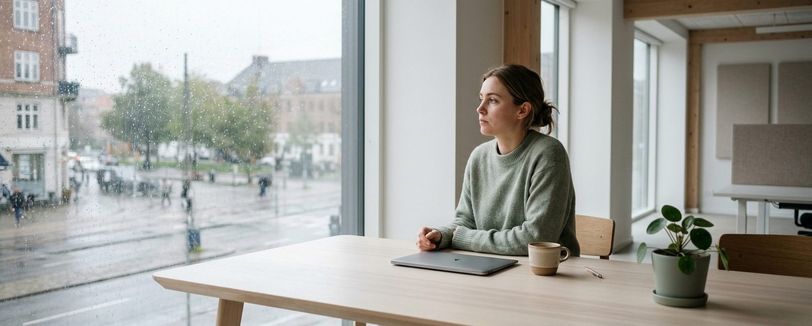 Person som sitter vid ett kontorsskrivbord och tittar tomt ut genom fönstret med en stängd laptop framför sig, tankfull och utmattad