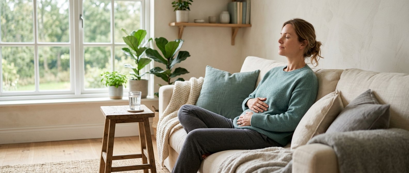 Person håller händerna mot magen och sitter lutad framåt vid ett bord med ett glas vatten, lugn hemmiljö