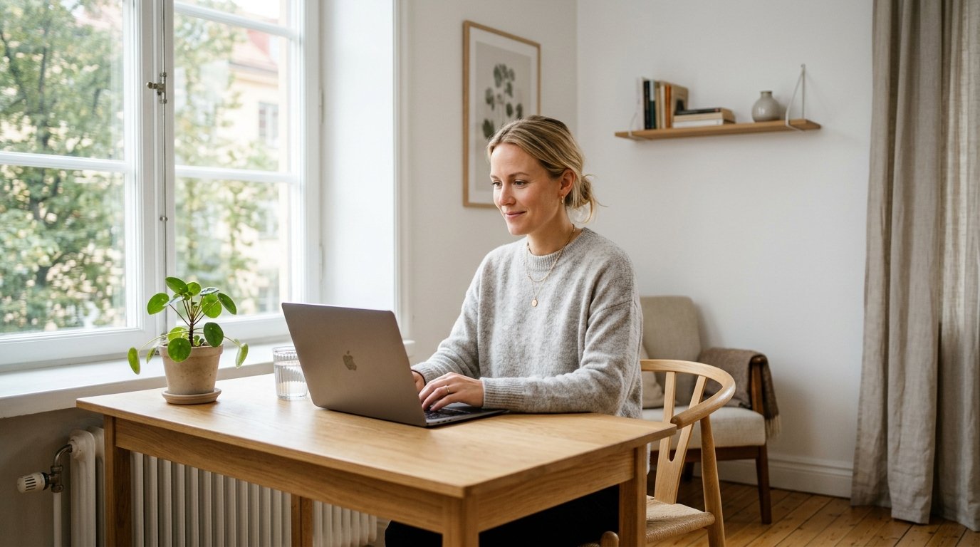 Kvinna sitter vid ett ljust skrivbord hemma och arbetar fokuserat med ett ångestprogram på sin laptop