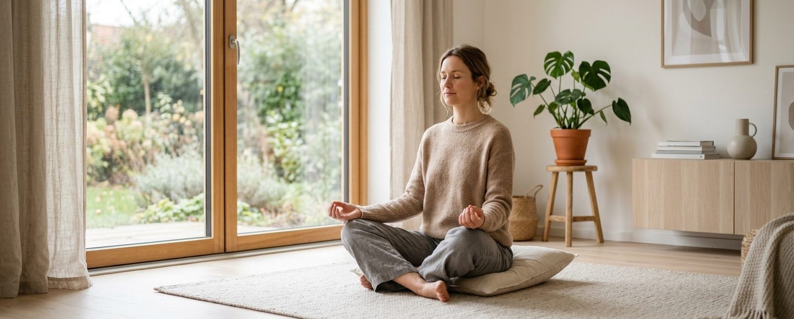 Person som sitter i meditationsställning på ett mjukt golv i ett ljust nordiskt rum med slutna ögon och avslappnat ansiktsuttryck