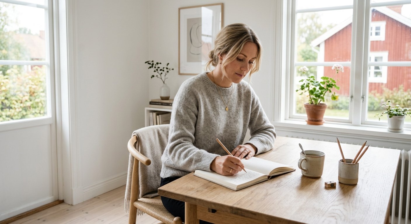 Person som skriver i en dagbok vid ett ljust fönster i ett nordiskt hem med morgonljus och en kopp te