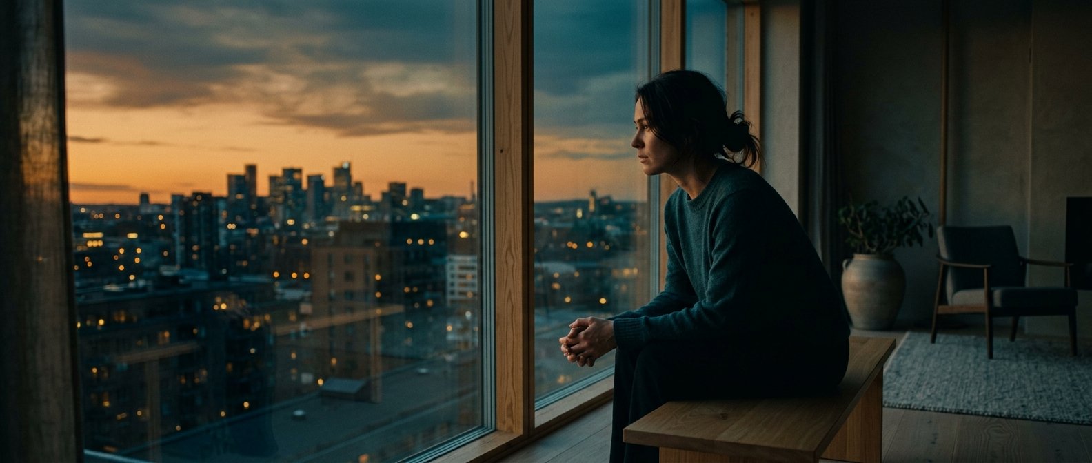 Person sitter vid ett fönster och tittar ut i regnet, händerna knäppta i knäet, eftertänksam och lugn stämning
