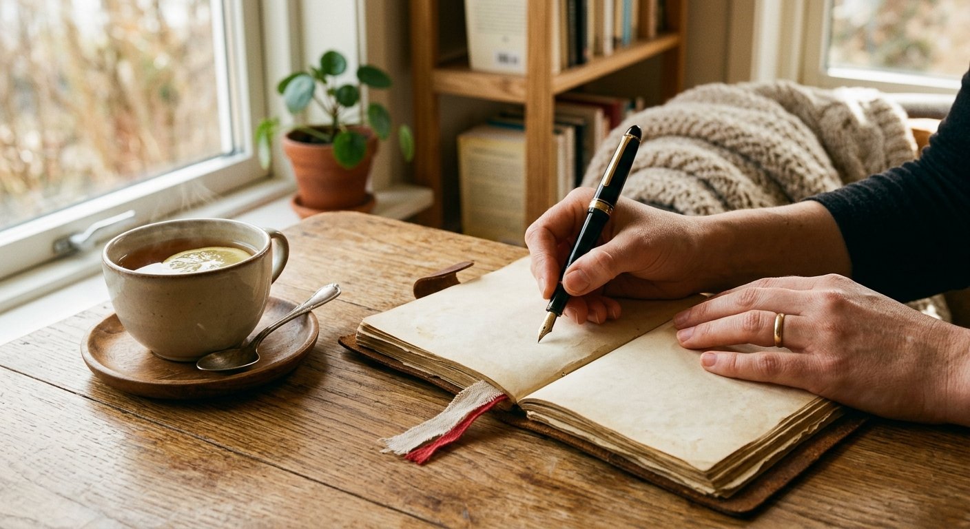 Händer som skriver i en öppen journal med penna på ett träbord med en kopp te och mjukt naturligt ljus