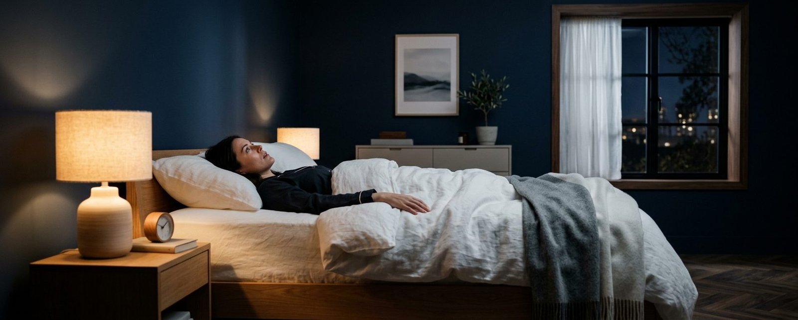 Person som ligger vaken i ett morkt nordiskt sovrum och tittar upp i taket, omgiven av mjukt nattljus