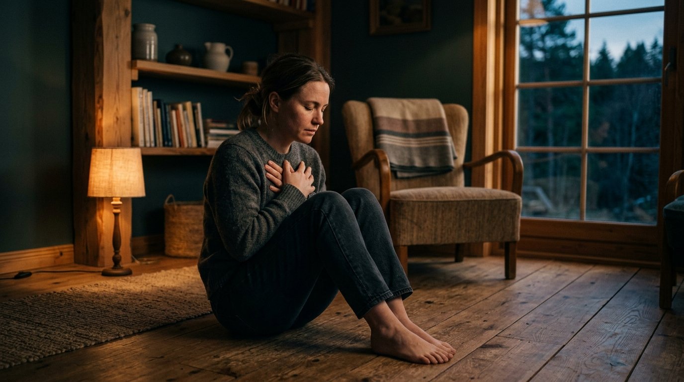 Person sitter lutad mot en vägg med händerna mot bröstet och slutna ögon i ett lugnt rum med mjukt ljus