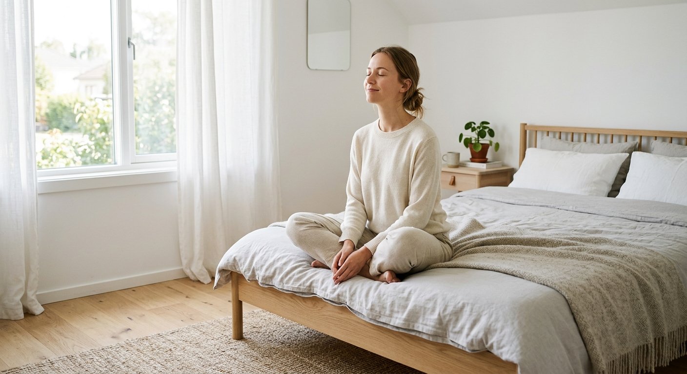 Person som sitter lugnt på en säng i ett nordiskt sovrum och andas djupt med händerna i knät och mjukt morgonljus