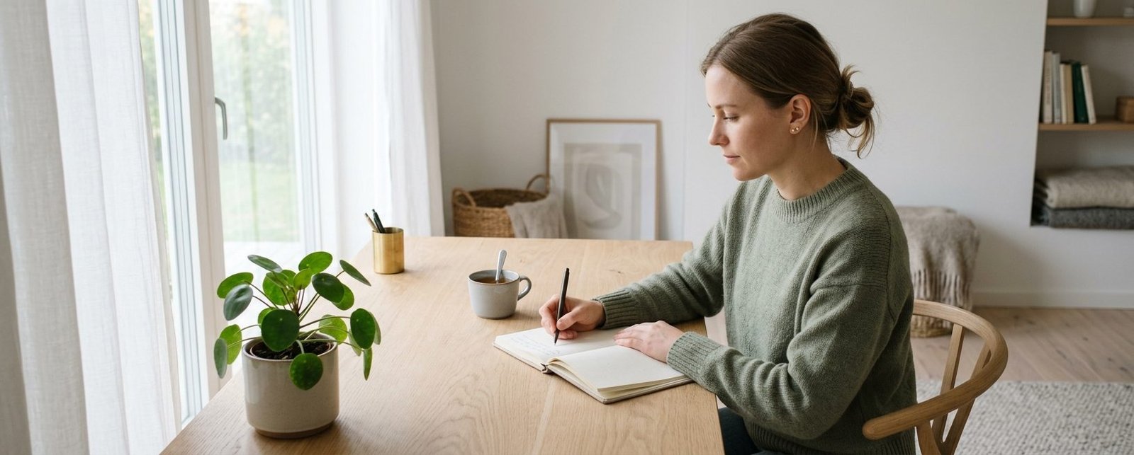 Person som skriver i en anteckningsbok vid ett ljust bord med fokuserat och lugnt ansiktsuttryck, tankefull men inte orolig