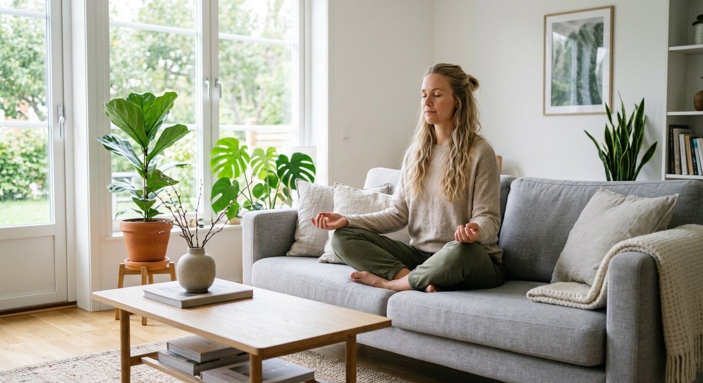 Kvinna som sitter i meditationsposition i ett ljust nordiskt vardagsrum med växter och mjukt naturligt ljus