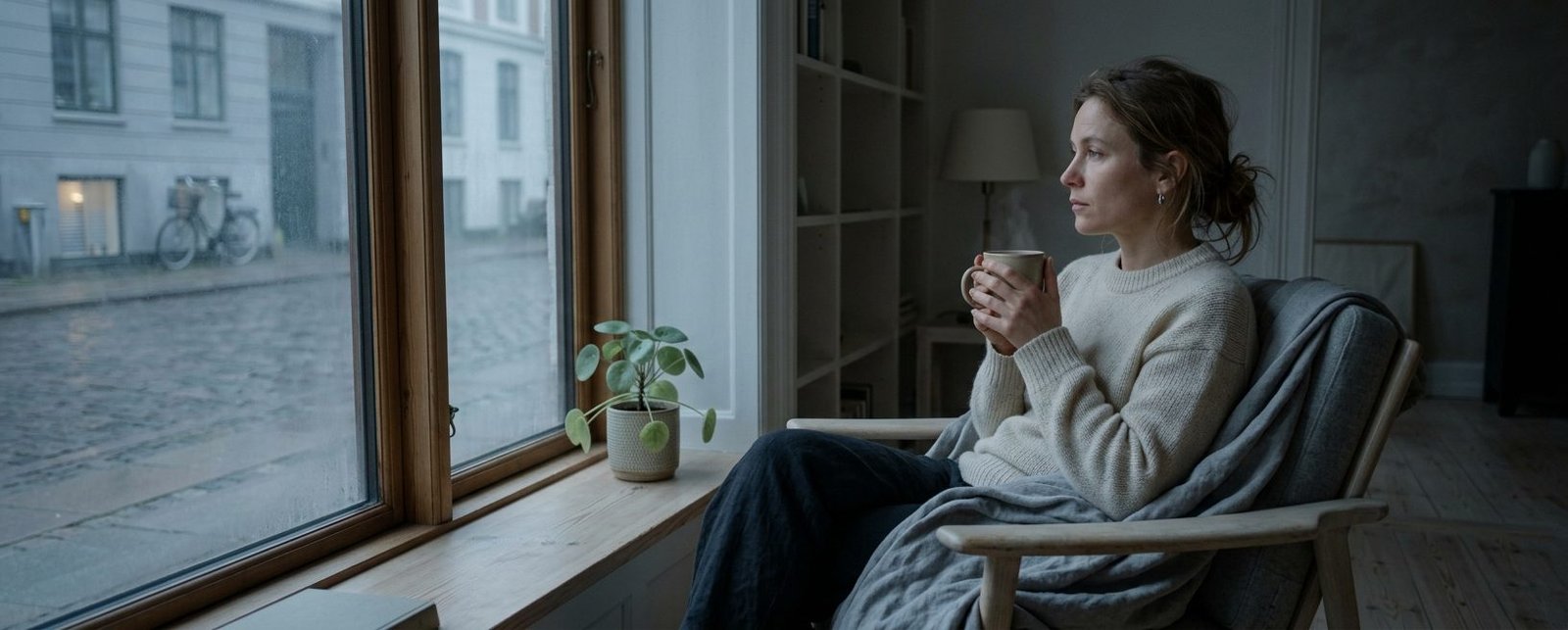 Person som sitter vid ett fönster i dunkelt morgonljus och håller om en kopp te, med ett uttryck av trött hopp