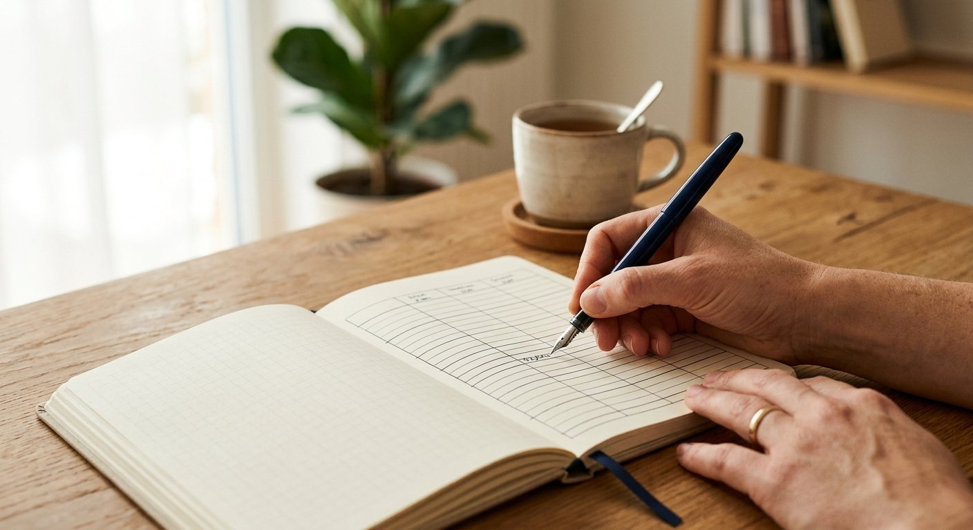 Hand som skriver i en strukturerad dagbok på ett ljust minimalistiskt skrivbord