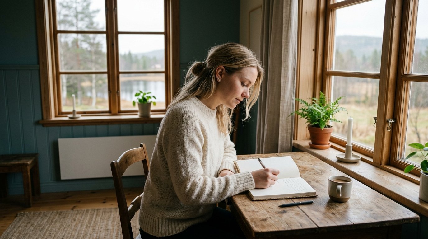 Person sitter lugnt vid ett fönster och skriver i en dagbok i mjukt naturligt ljus