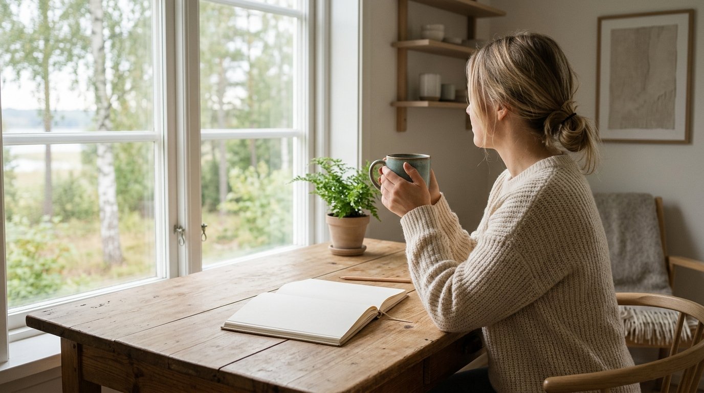 Person sitter vid ett skrivbord och håller händerna om ett varmt kaffemugge, med en öppen journal framför sig